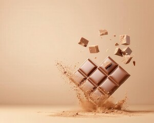 Dynamic shot of chocolate bar pieces exploding against a beige background, showcasing texture and motion in a captivating way.
