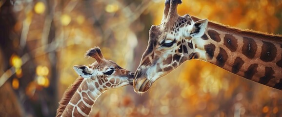 Fototapeta premium A Mother And Baby Giraffe Sharing A Tender Kiss, Captured In Selective Focus,High Resolution, Ultra HD