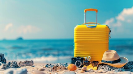 baggage travel. yellow suitcase with travel accessories such as sunglasses, hat and camera on sea beach background.