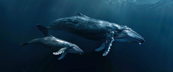 Fototapeta premium A Mother And Calf Humpback Whale Swimming In The Deep Blue Water,High Resolution, Ultra HD