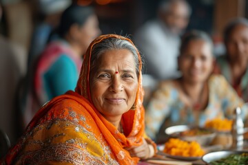 Obraz premium Older woman in traditional attire enjoying a meal with friends at a community gathering.