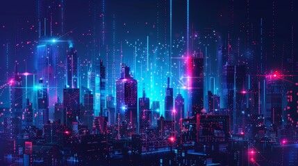 Obraz premium cityscape with space and neon light effect. Modern hi-tech, science, futuristic technology concept. Abstract digital high tech city design for banner background