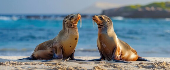 Fototapeta premium A Pair Of Female Galapagos Sea Lions On A Beach In Gardner Bay, Espaýola,High Resolution, Ultra HD