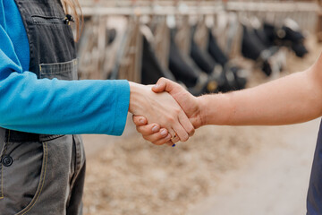 Fototapeta premium Closeup two businessmen shaking hands on background farm livestock. Concept banner modern agriculture business industry, farming animal husbandry