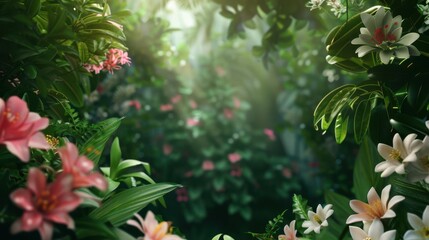 A lively springthemed sensorial season background with blooming flowers and lush greenery, perfect for advertising products related to renewal and growth