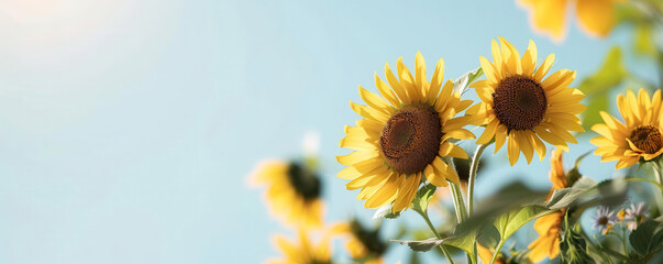 A summer sensorial season background showcasing bright sunflowers and a clear blue sky, ideal for promoting summer sales or outdoor events