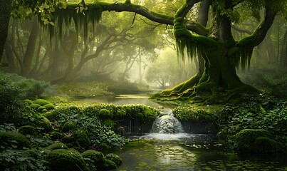 Mystical Forest Stream with Mossy Tree