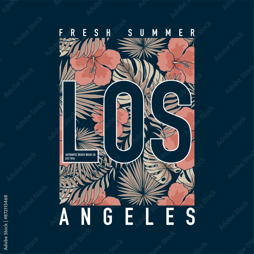 Poster print design for tee with typo and tropical flower texture as vector