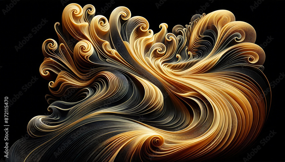 Poster abstract golden swirls, captivating abstract image composed of flowing, golden-hued lines creating a