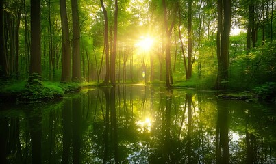 Fototapeta premium Sunlit Forest Pond