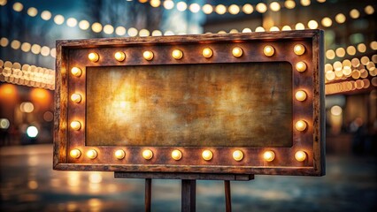 Vintage-style marquee sign with bright lights and blank template on rusty metal base against dark blurred background with shallow depth focus.