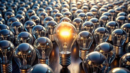 A solitary, bright, and radiant light bulb shines above a sea of dull, conforming, and uniform dark bulbs, conveying individuality.