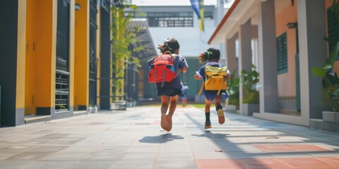 Little kids schoolchildren pupils students running hurrying to the school building. Welcome back to school