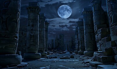 Ancient Egyptian Temple Ruins under a Full Moon