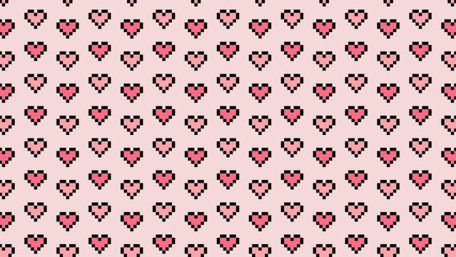 Heart pixel art element animated background. Pink heart shape seamless motion loop. Love, valentine sign symbol wallpaper.