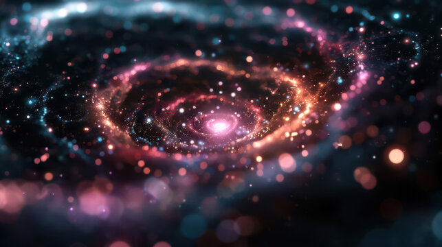 Abstract cosmic scene with swirling galaxies and neon hues, unrealistic