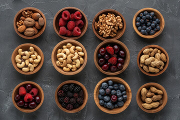 Obraz premium various nuts and dried fruits on a dark gray background