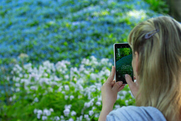 Blonde woman taking photo on cellphone of flowers at park view from the back. Outdoor photography in botanical garden