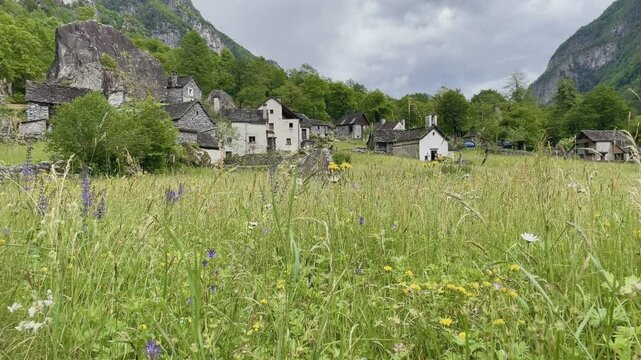 Panoramic view of traditional stone village Sabbione in Val Bavona, Vallemaggia, Switzerland. High quality 4k footage