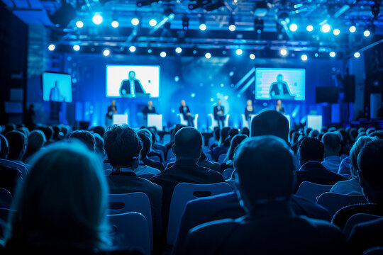 Stylish business event, panel discussion on stage with audience in foreground, dark and blue and dark blue background
