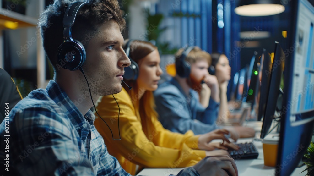 Aufkleber call center and helpful customer service. use desktop pc at computer table and phone line at modern 