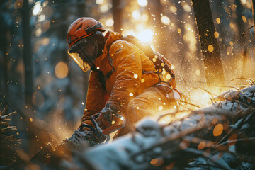 In a winter forest, a lumberjack expertly uses a powerful chainsaw to fell trees with precision and strength