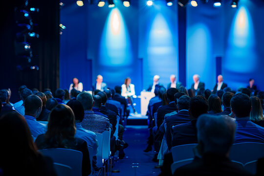 Stylish business event, panel discussion on stage with audience in foreground, dark and blue and dark blue background