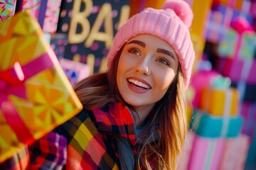 A young woman beams with joy, holding a stunning gift box amidst a kaleidoscope of colors, with 'Black Friday' emblazoned in bold letters. The perfect representation of holiday cheer and excitement.