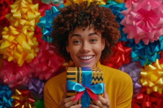 A young woman beams with joy, holding a stunning gift box amidst a kaleidoscope of colors, with 'Black Friday' emblazoned in bold letters. The perfect representation of holiday cheer and excitement. - Powered by Adobe