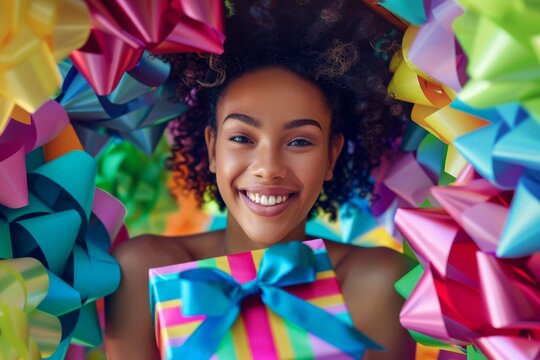 A young woman beams with joy, holding a stunning gift box amidst a kaleidoscope of colors, with 'Black Friday' emblazoned in bold letters. The perfect representation of holiday cheer and excitement. - Powered by Adobe