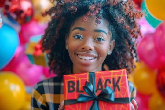 A young woman beams with joy, holding a stunning gift box amidst a kaleidoscope of colors, with 'Black Friday' emblazoned in bold letters. The perfect representation of holiday cheer and excitement. - Powered by Adobe