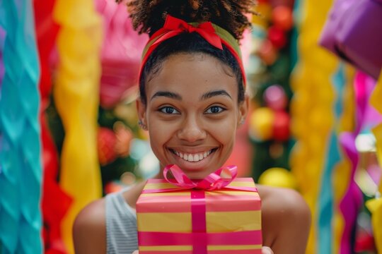 A young woman beams with joy, holding a stunning gift box amidst a kaleidoscope of colors, with 'Black Friday' emblazoned in bold letters. The perfect representation of holiday cheer and excitement. - Powered by Adobe