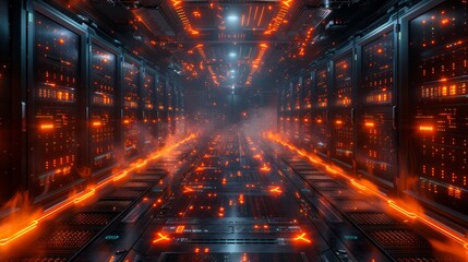 Futuristic Data Center with Glowing Orange Lights - Generative AI
