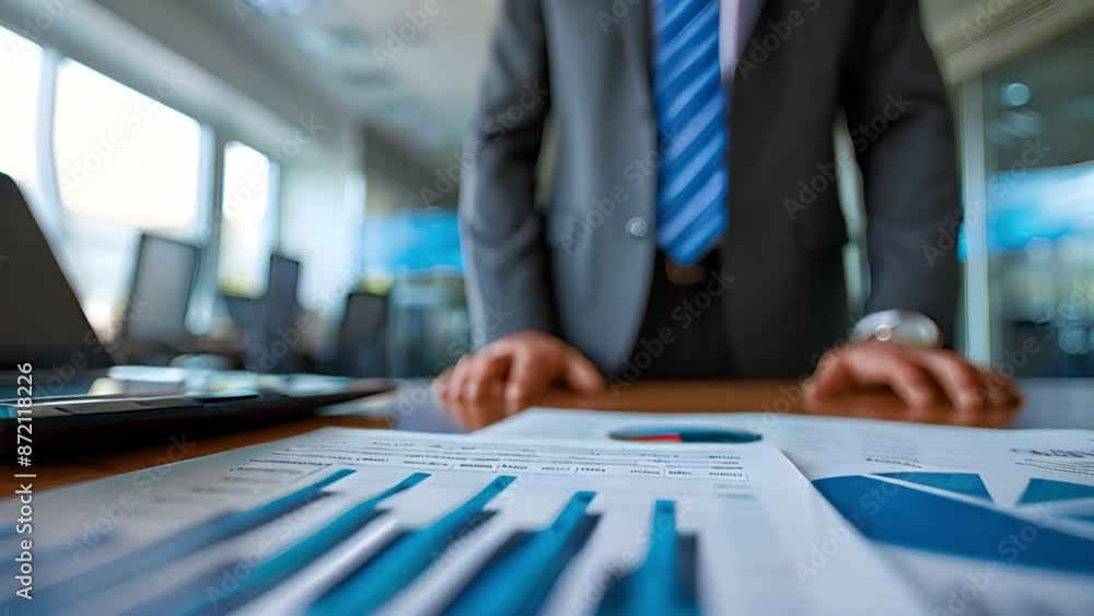 Aufkleber A close-up shot of a businessman reviewing financial data with charts and graphs on a desk in an office. He is leaning forward, focused on the documents.