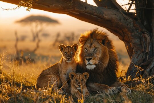 In the heart of the safari, a proud lion and his mate rest under the shade of an acacia tree while their two young cubs venture out into the open. The cubs' curiosity is evident as they investigate - Powered by Adobe