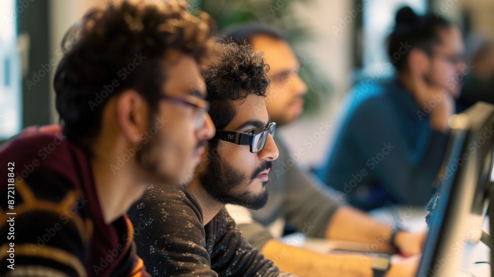 Poster robot and professionals interact in a futuristic office, analyzing data and technology advancements.