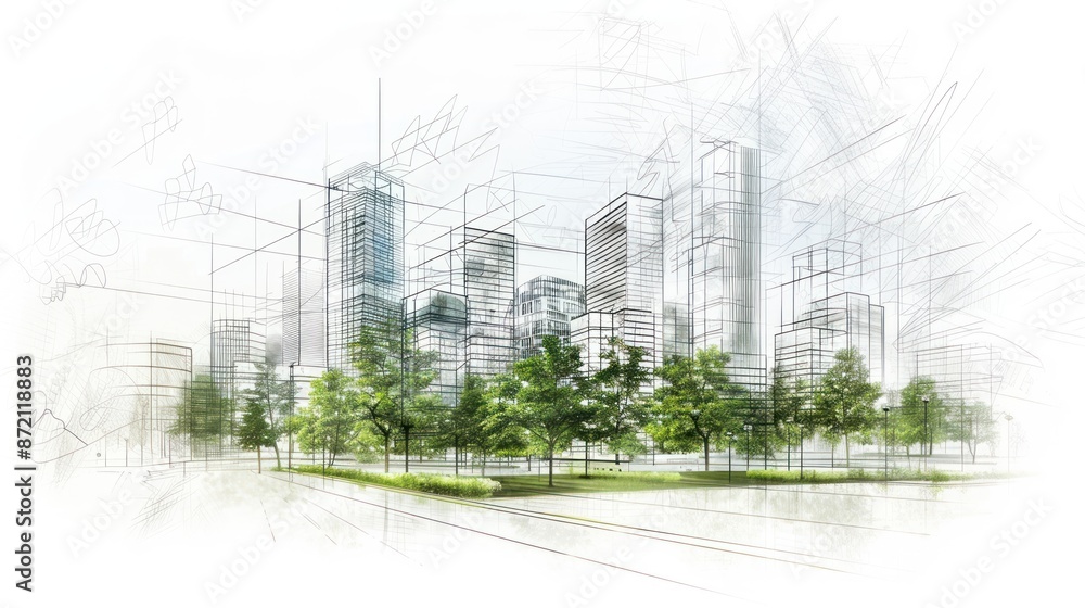 Aufkleber drawing 3d architecture city building sketch lines with green tree on white background
