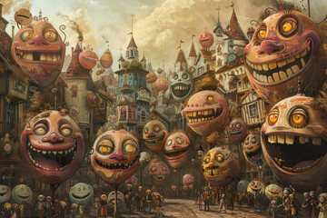 Fototapeta premium A painting of a town full of people with big, toothy grins