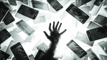 a person submerged in a sea of smartphone screens, reaching out for help