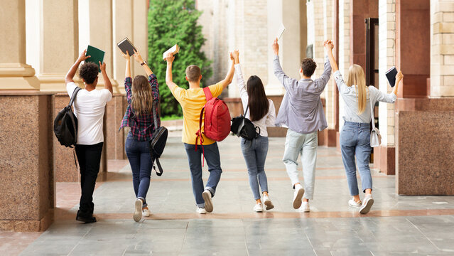 Students walking in college campus after passing test, back view