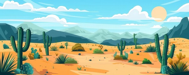 Ecosystem desert, adventurous excursion, flat design illustration