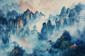 A painting of mountains with a misty blue sky