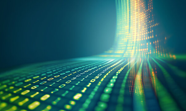 Flowing stream of green and yellow binary code on a dark background, representing data transfer and technology