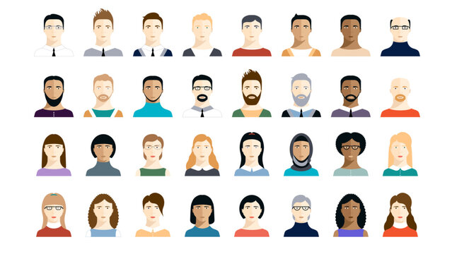 Set of persons, avatars, people heads of different ethnicity and age in flat style. Multi nationality social networks people faces collection.