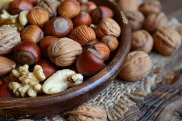 Obraz premium A bowl of nuts including walnuts, pecans, and hazelnuts
