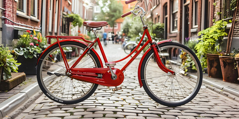 Fototapeta premium Bicicleta vermelha vintage em uma rua de paralelepípedos