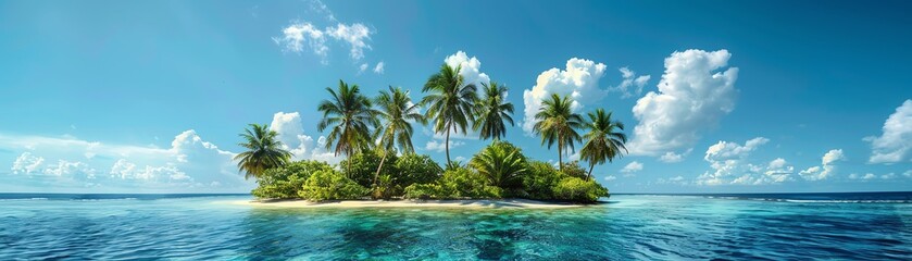 A small deserted island with lush palm trees surrounded by the expansive ocean under a blue sky with fluffy clouds