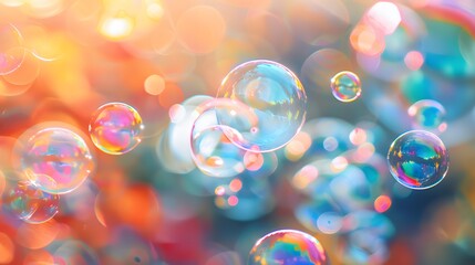 Floating Soap Bubbles: A cluster of iridescent soap bubbles floating in the air, reflecting vibrant colors and surrounded by a blurred background.
