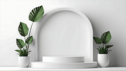 Realistic white cylindrical podium with minimalist tropical leaf decoration. Abstract minimal scene for product mockup, stage show, promotional display.