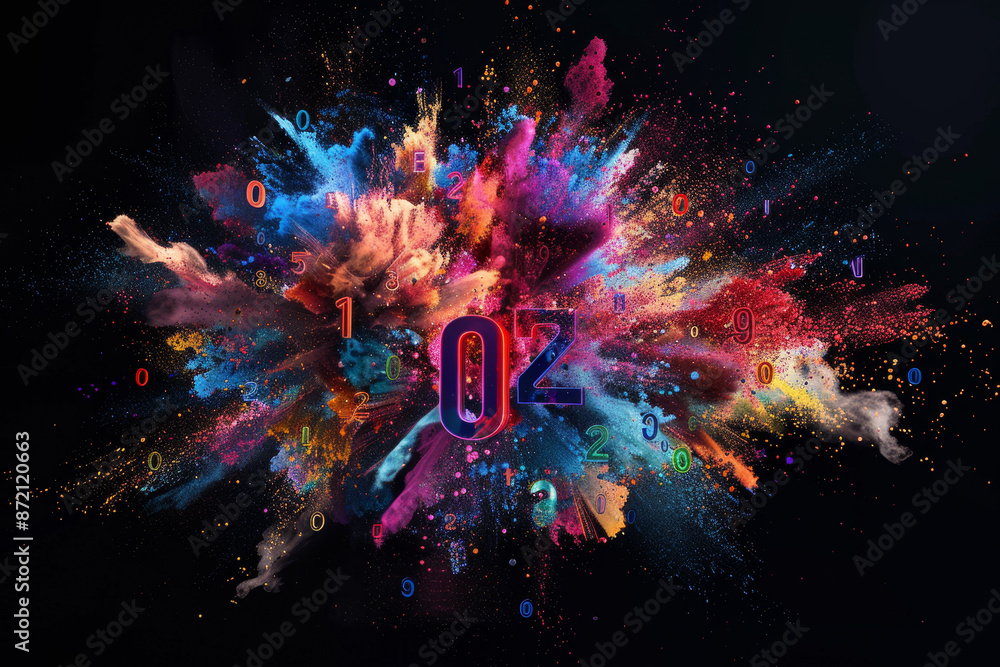 Poster a colorful explosion of numbers and letters with the number 0 in the center